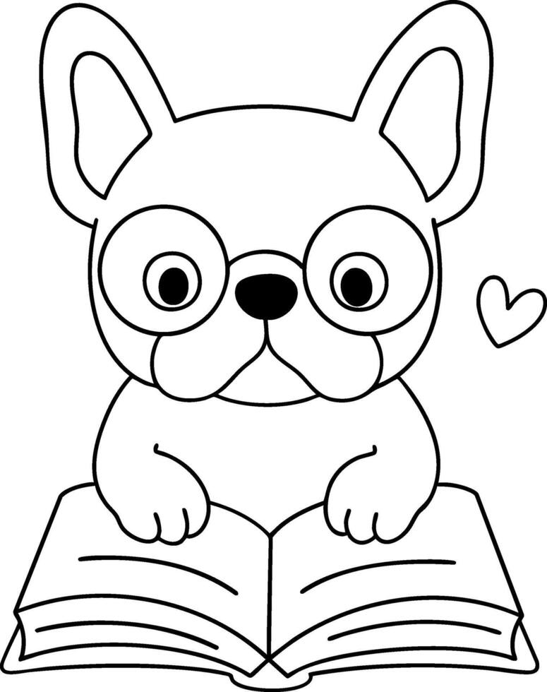 Cute French bulldog wearing glasses, reading book with heart, expressing joy and curiosity vector