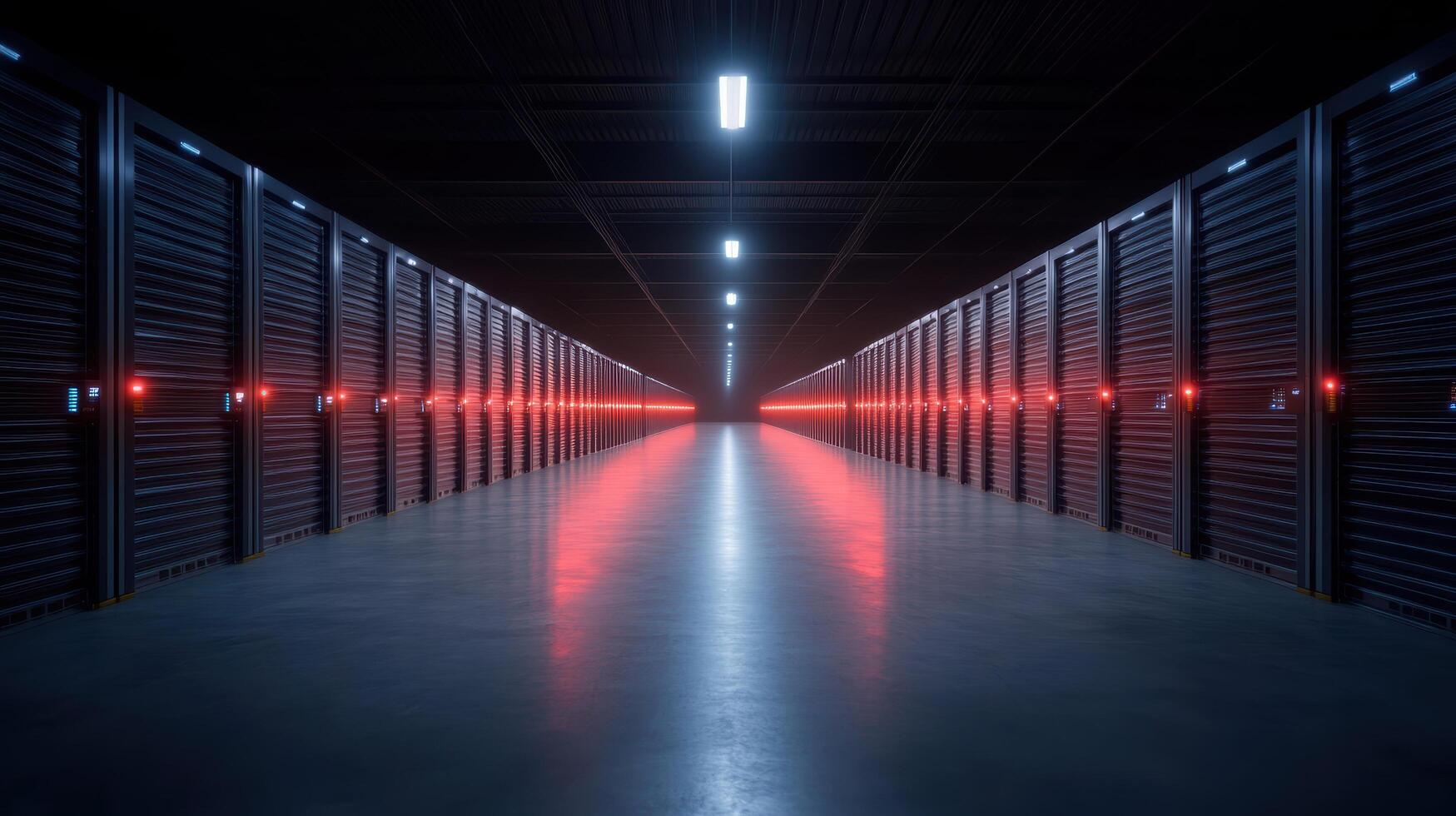 A long hallway with red lights in the middle photo