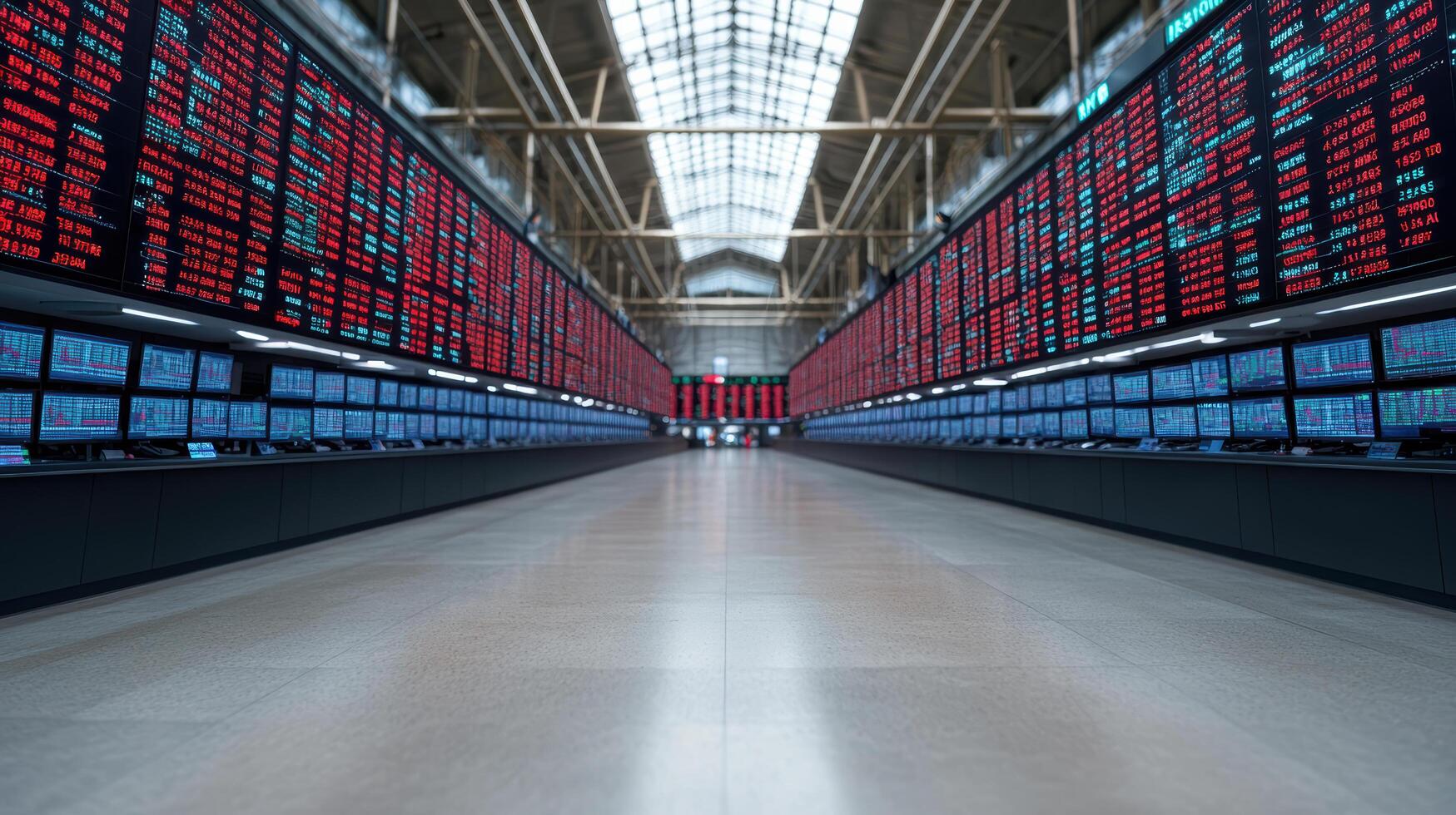 An empty hallway with many screens showing stock prices photo