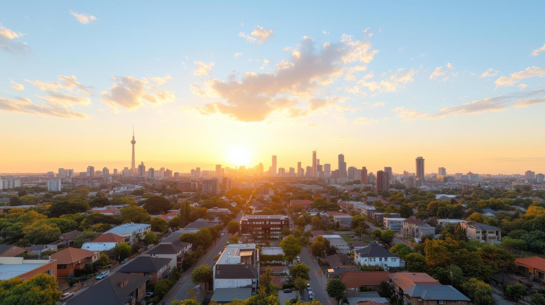An aerial view of the city skyline at sunset photo