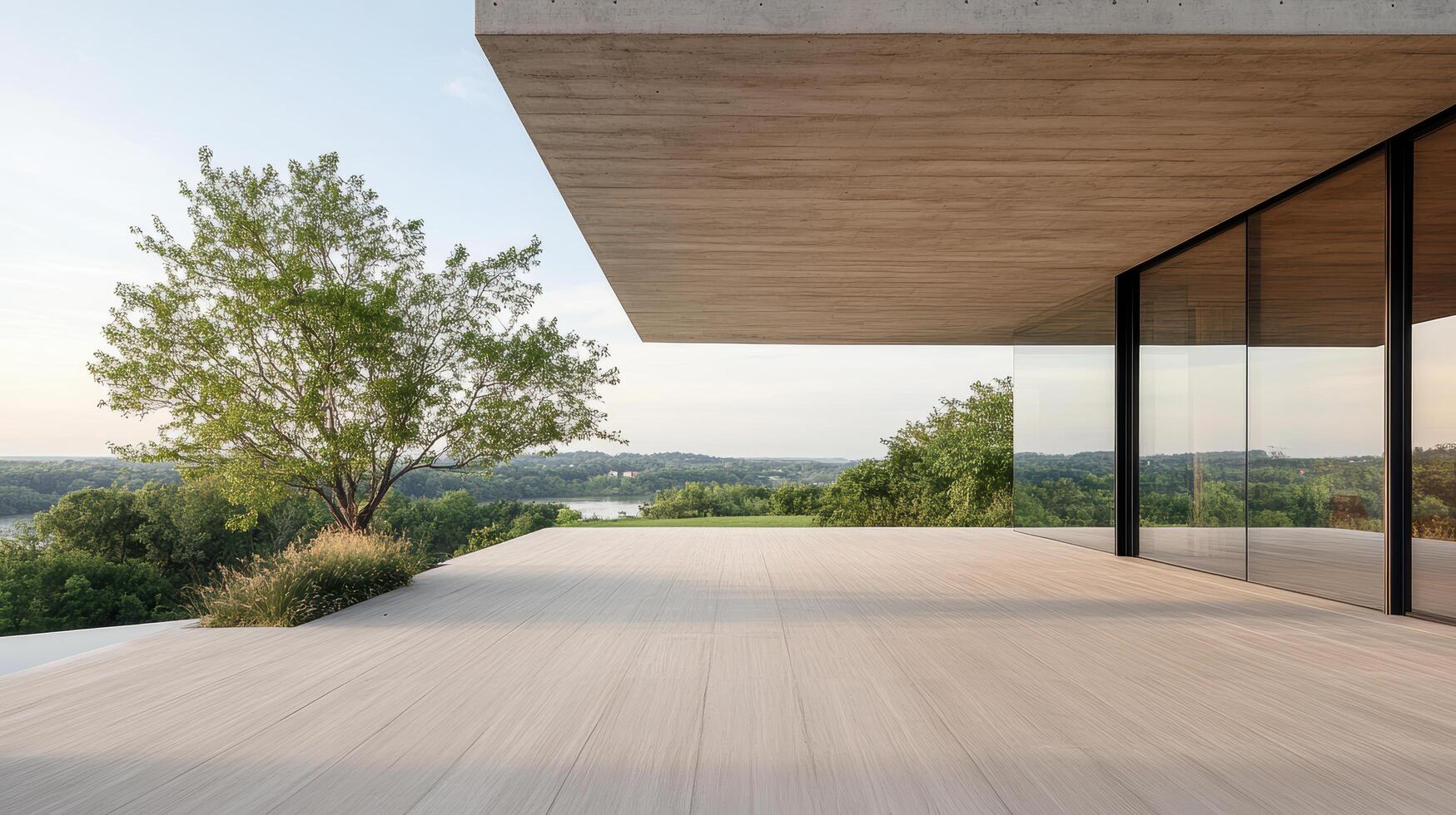 Modern house with large glass windows overlooking the valley photo
