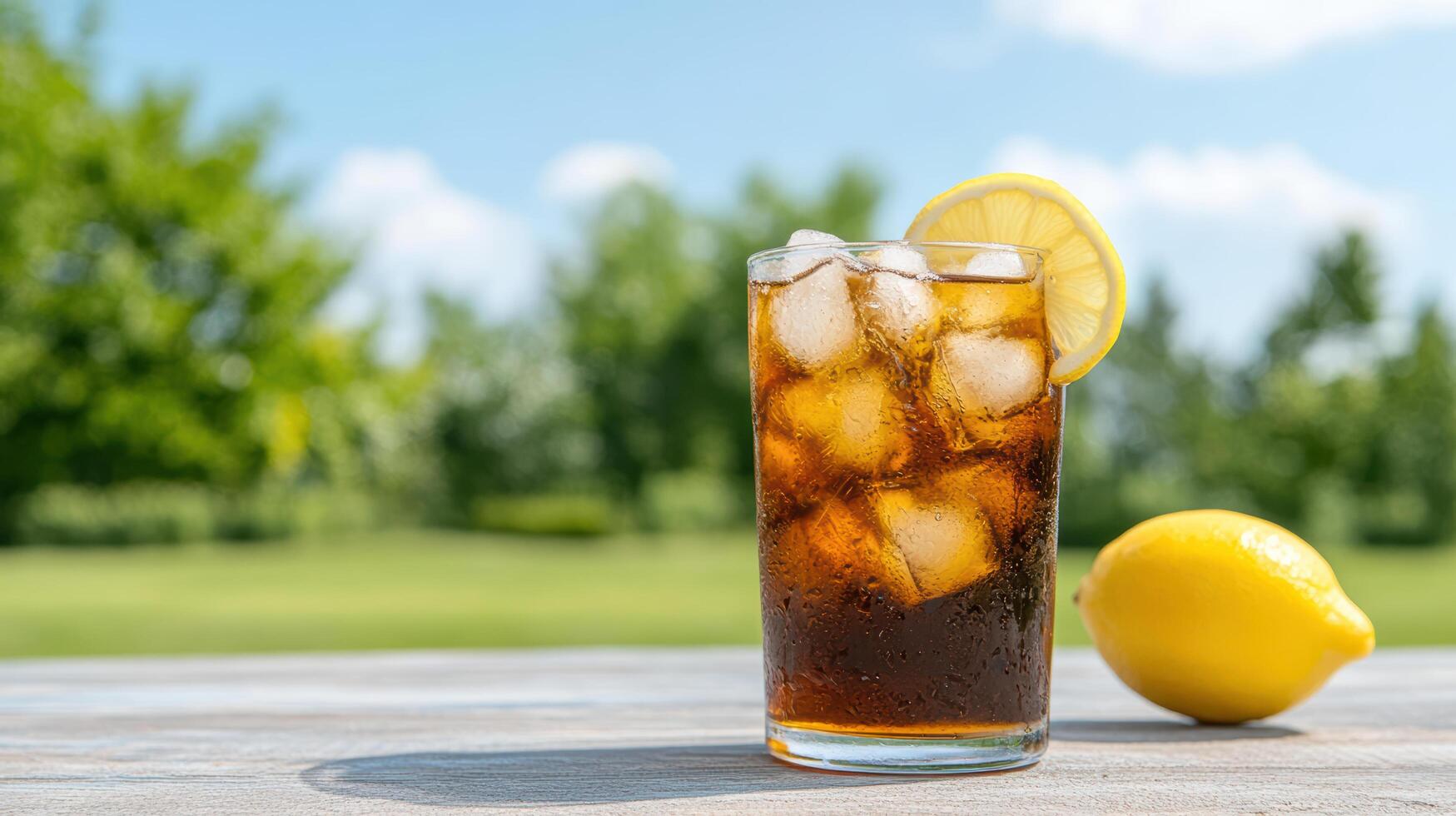 A glass of cola with ice and a lemon on a table photo