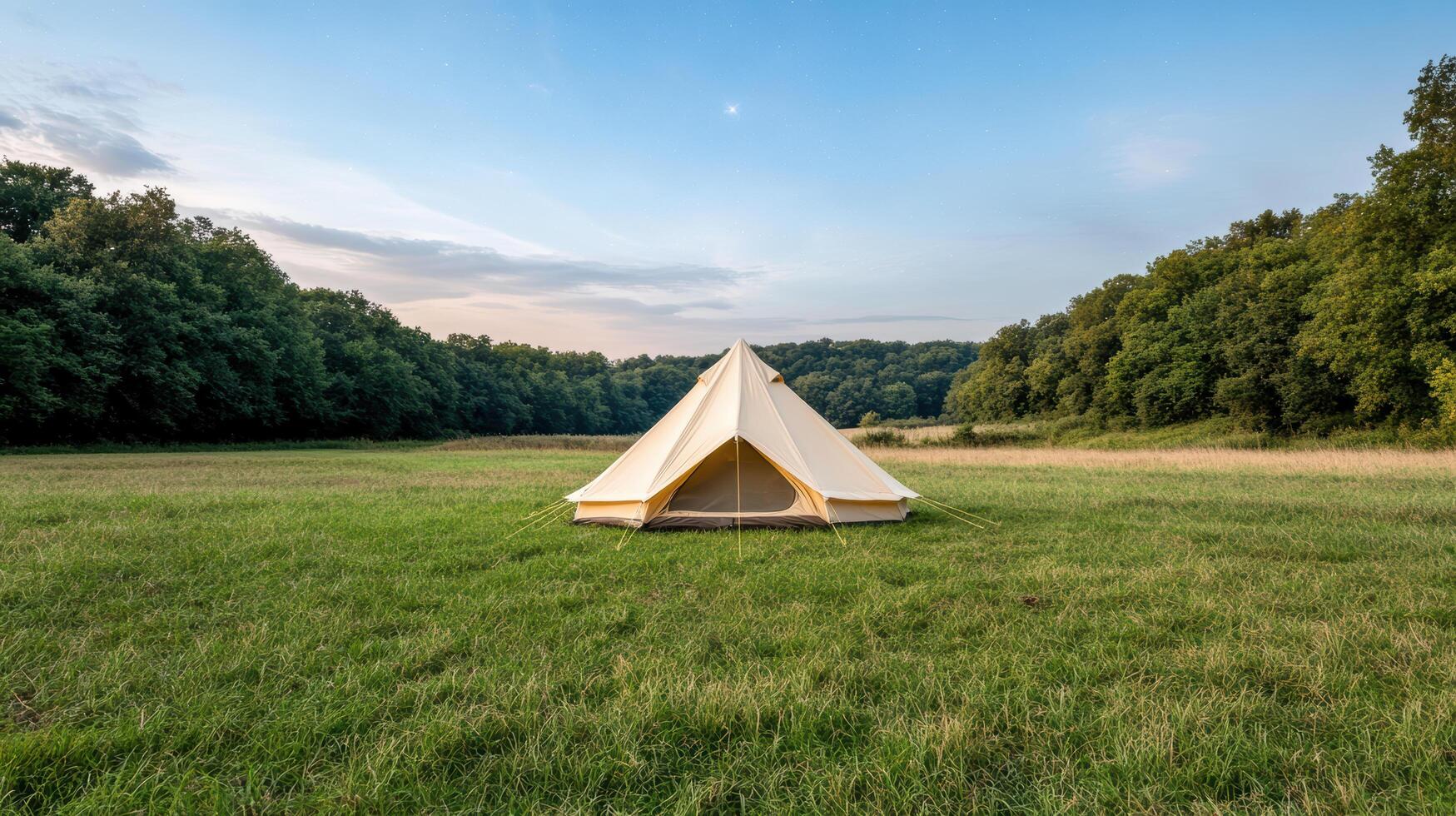 A tent is set up in a field with trees photo