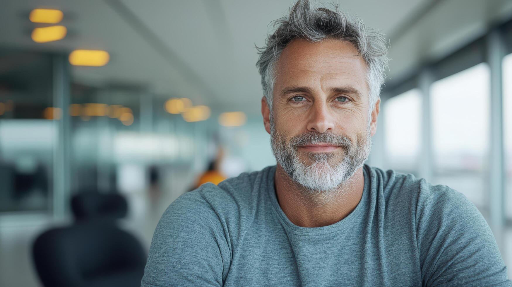 A man with a gray beard and grey shirt photo