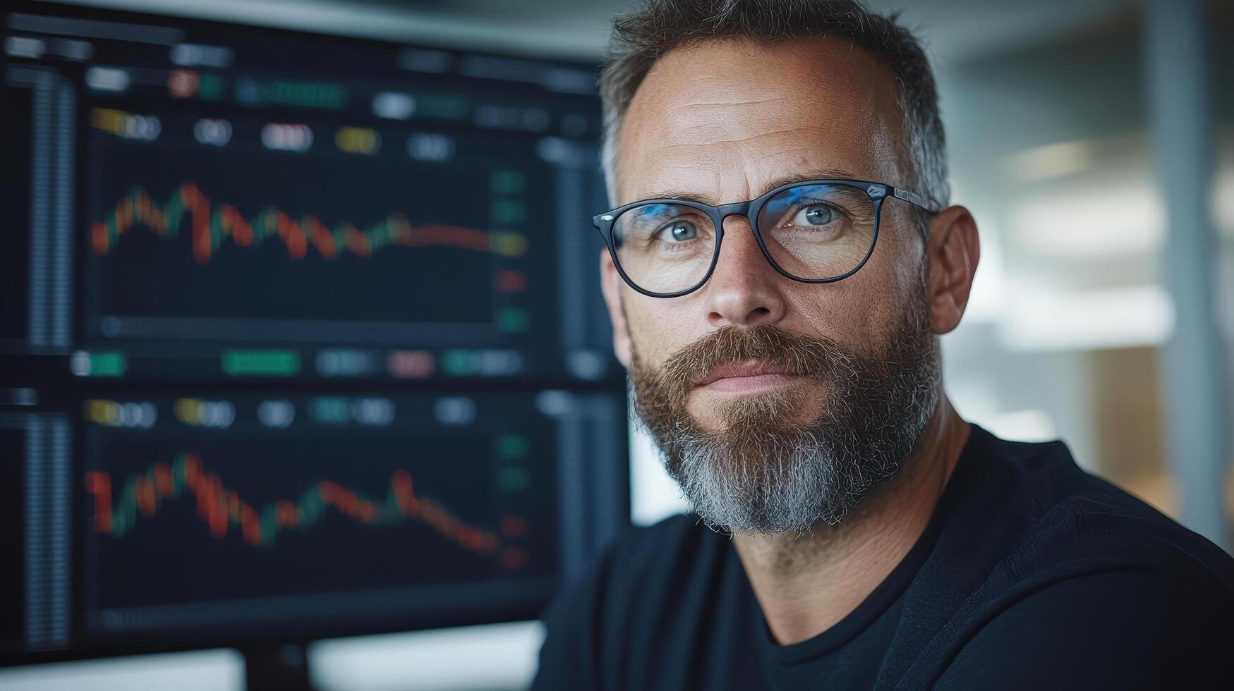A man with glasses and beard in front of a computer screen photo
