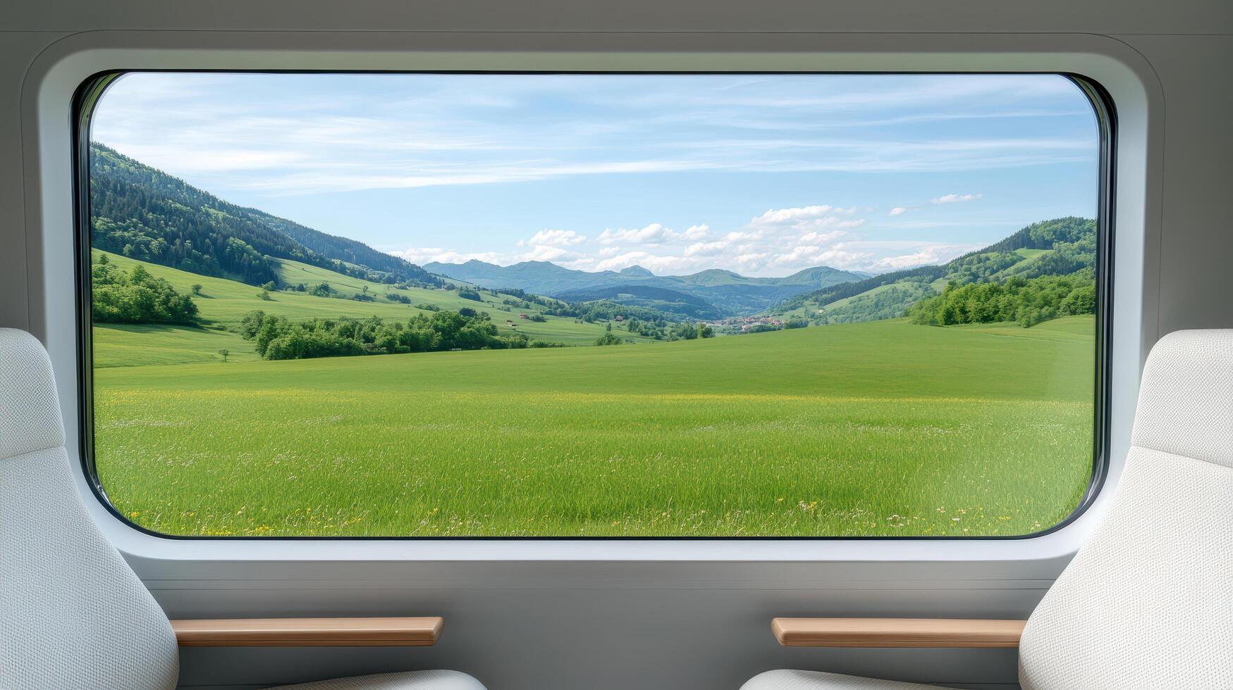A view of a green field through a window of a train photo