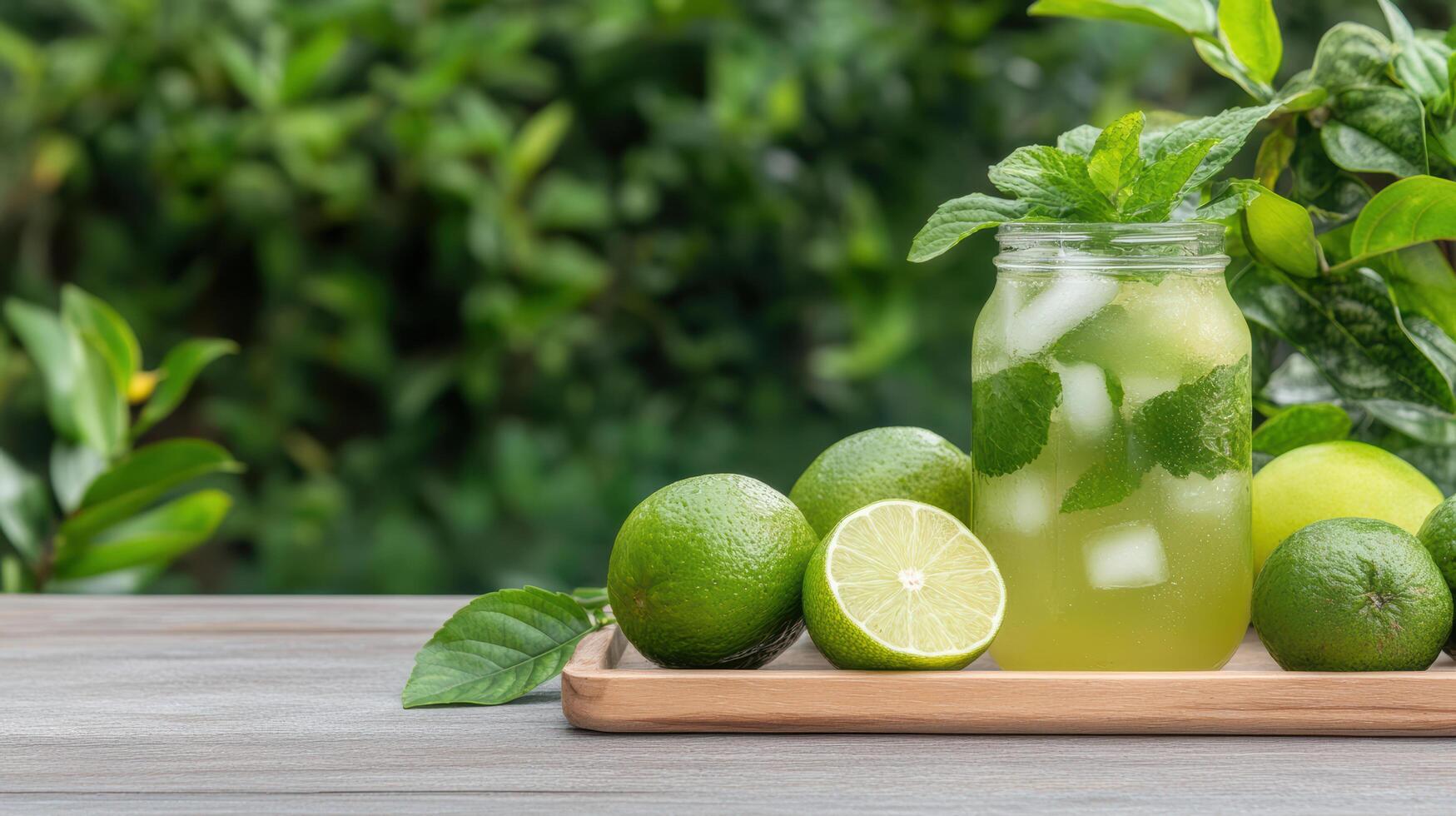 Lime and mint in a jar with ice and mint leaves on a wooden tray photo