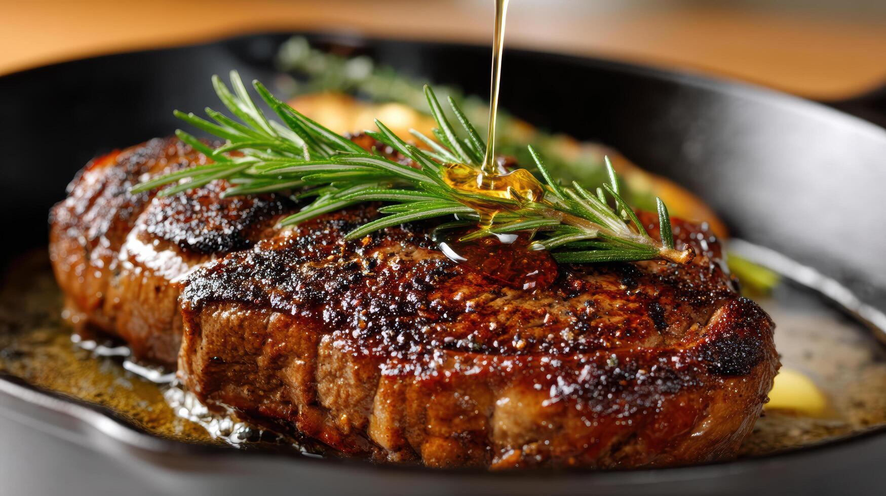 A steak being cooked in a skillet with rosemary photo