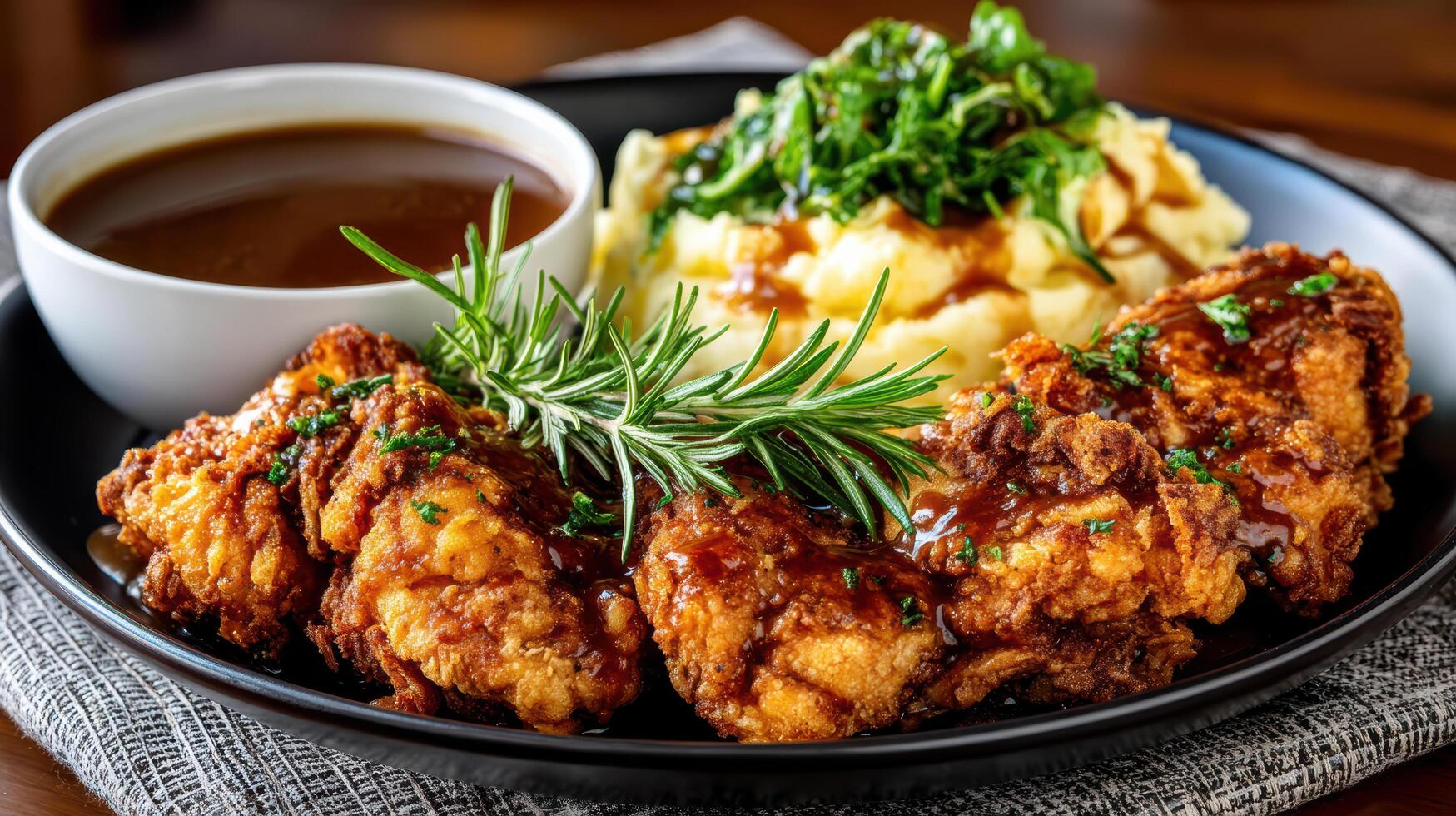 Fried chicken with mashed potatoes and gravy photo