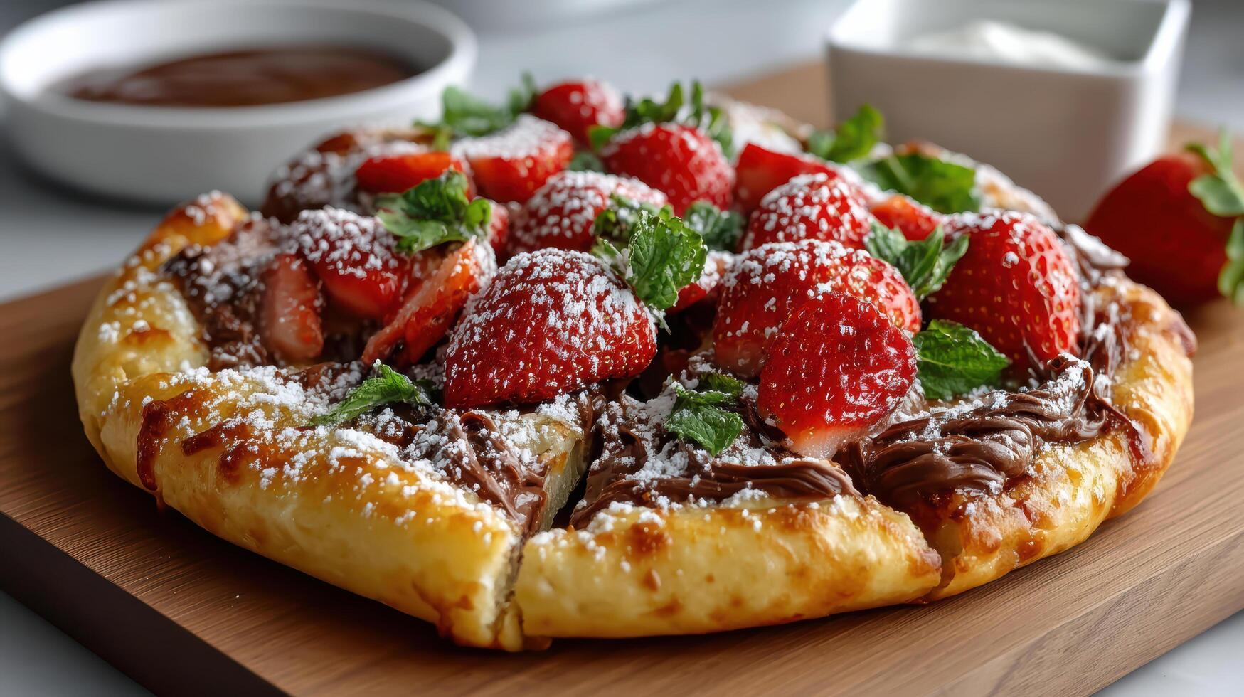 A pastry topped with strawberries and chocolate photo