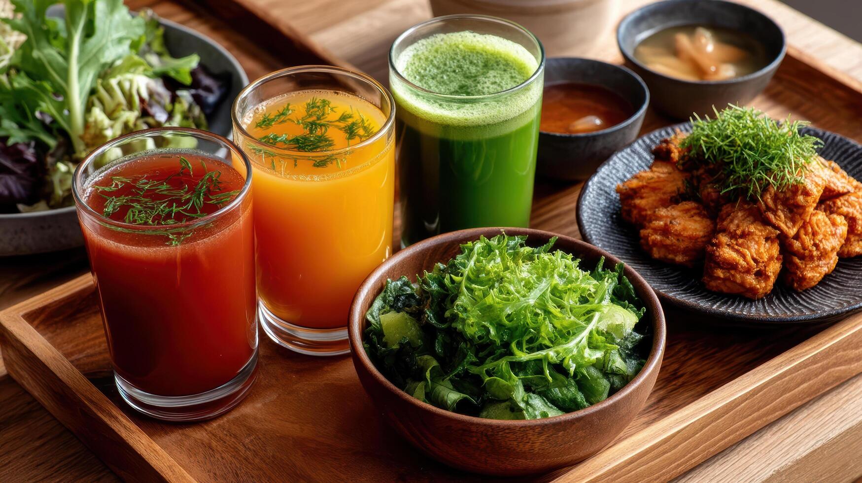 A tray of juices and vegetables on a table photo