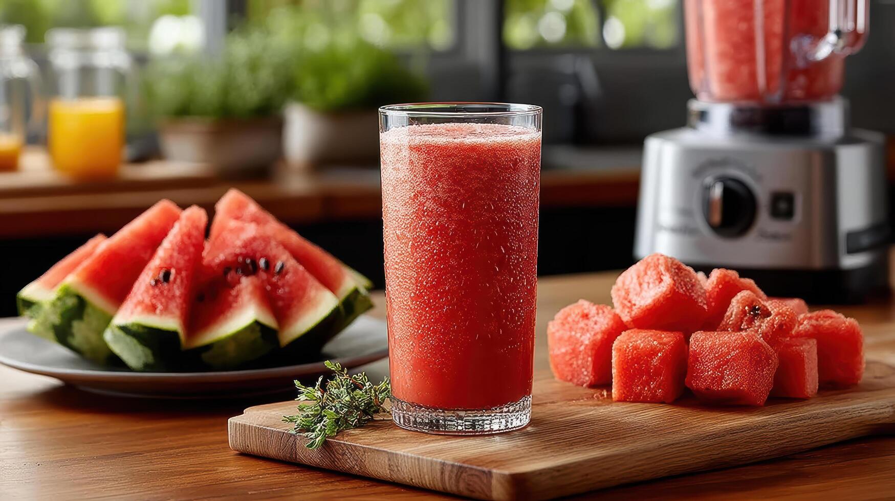 A glass of watermelon juice next to a blender photo