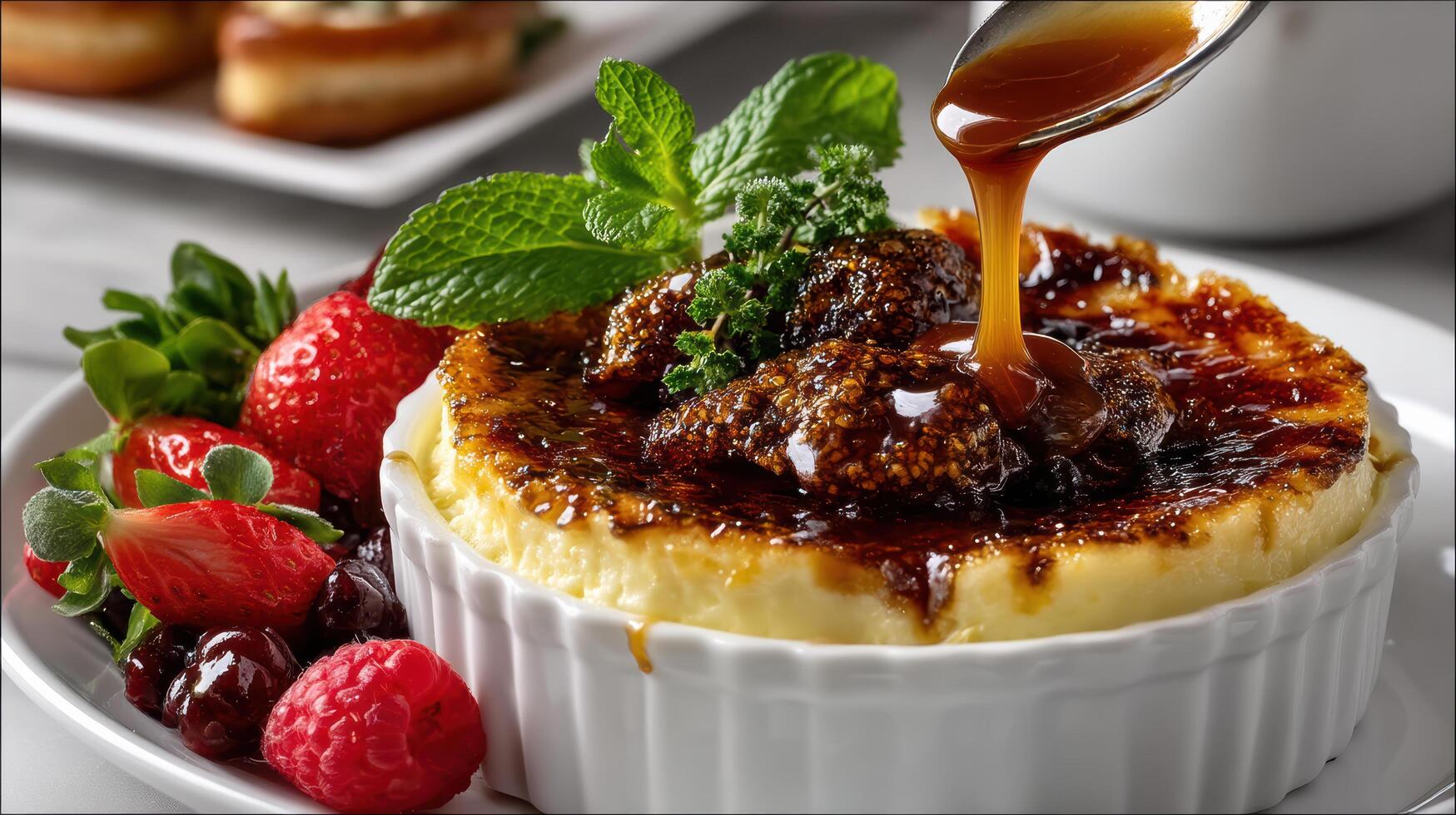 A dessert with sauce being poured over it photo