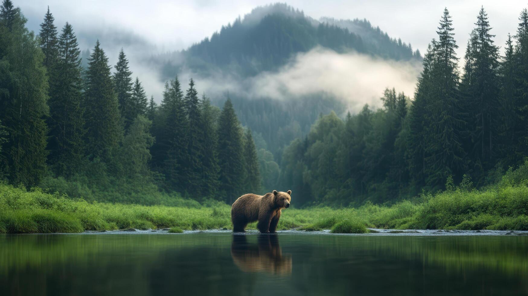 A bear standing in a river near a forest photo