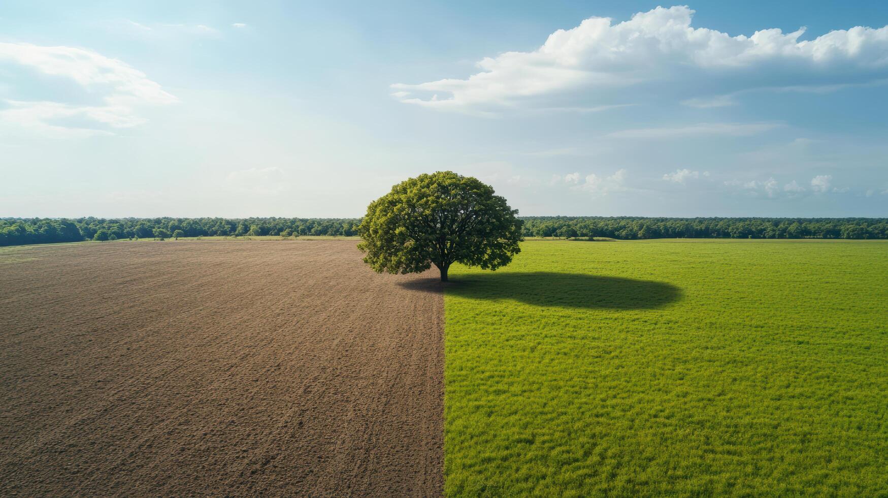 A tree is standing in a field with a plowed field photo