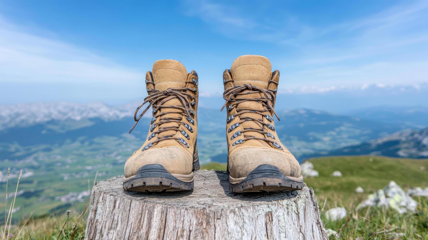Hiking boots tree stump with stunning mountain view background evoke adventure and exploration photo