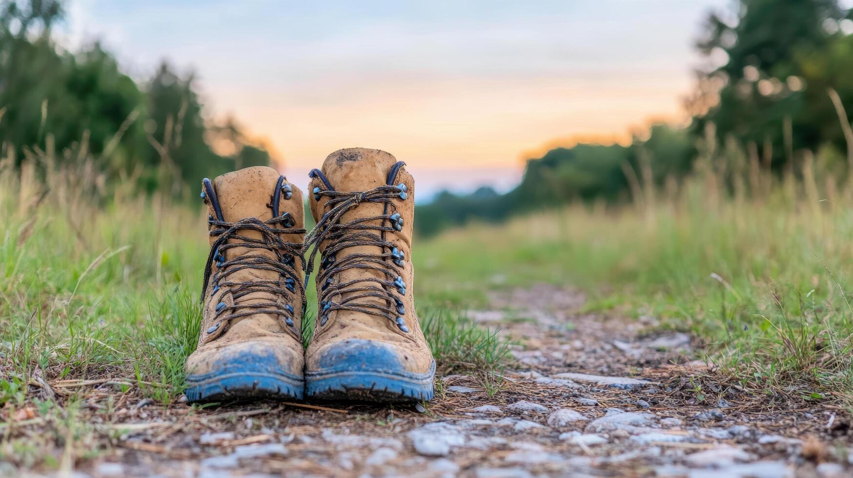 Worn hiking boots on forest path at sunrise, evoking sense of adventure and exploration photo