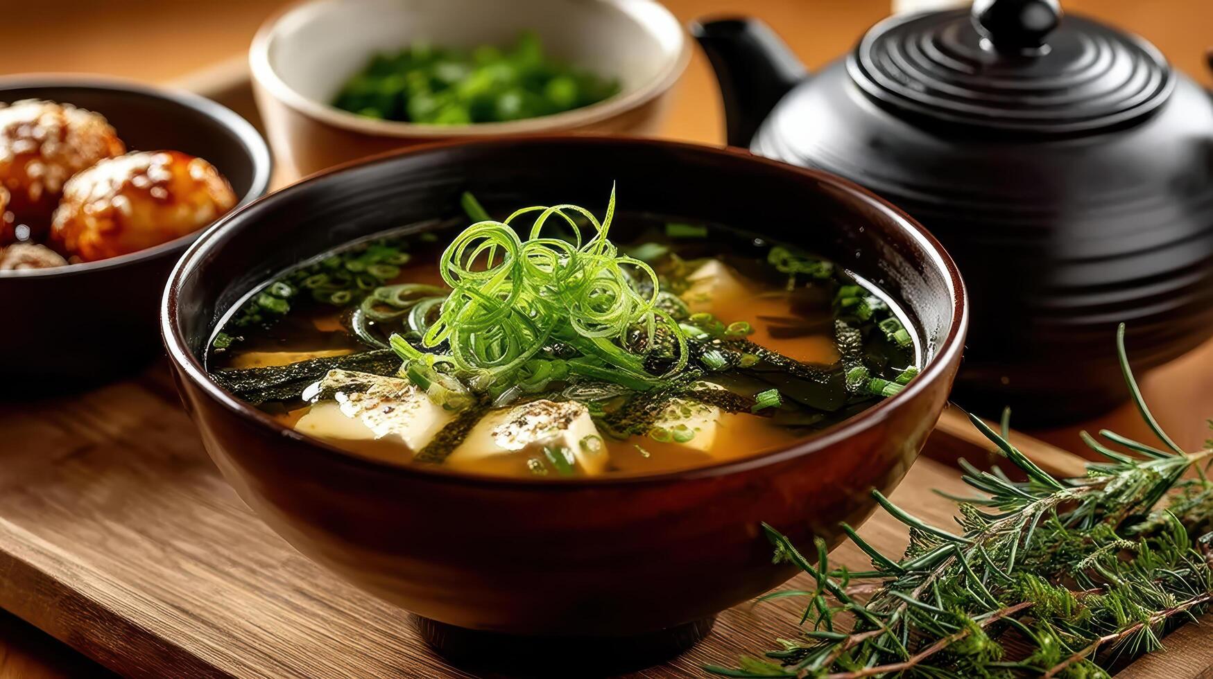 A bowl of soup with meat and vegetables on a wooden tray photo