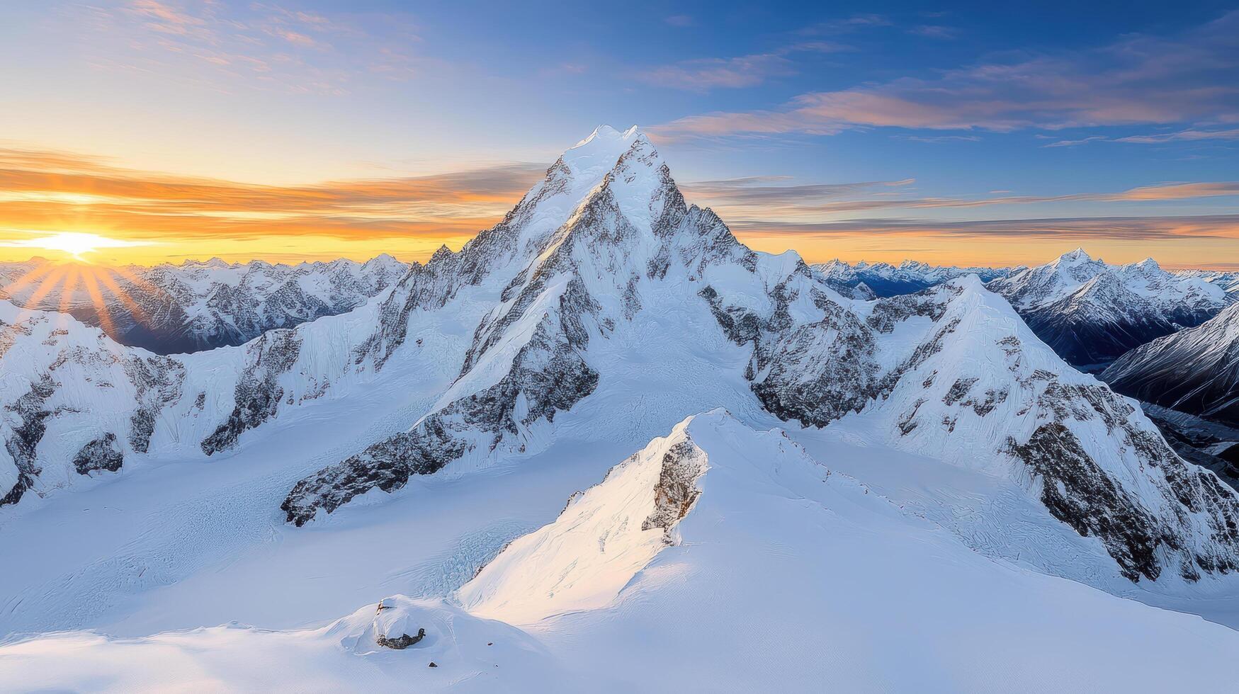 Majestic snow covered peaks at twilight, glowing in warm orange hues, create breathtaking scene photo