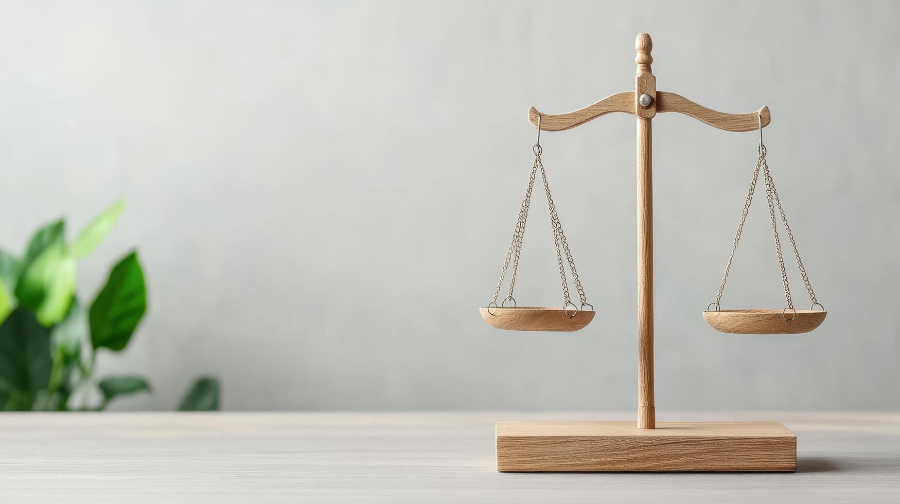Wooden scale of justice on wooden table with green plant photo