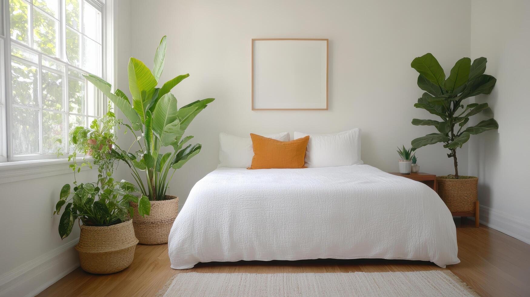 A white bedroom with a bed, potted plants and a framed picture photo
