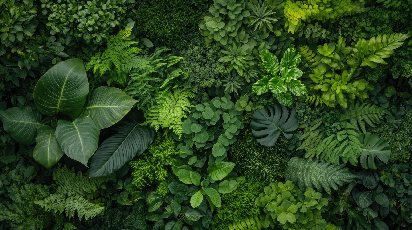 A green wall with many different types of plants photo