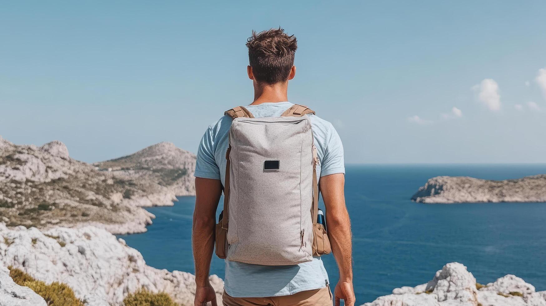 Man with backpack looking out over the ocean photo