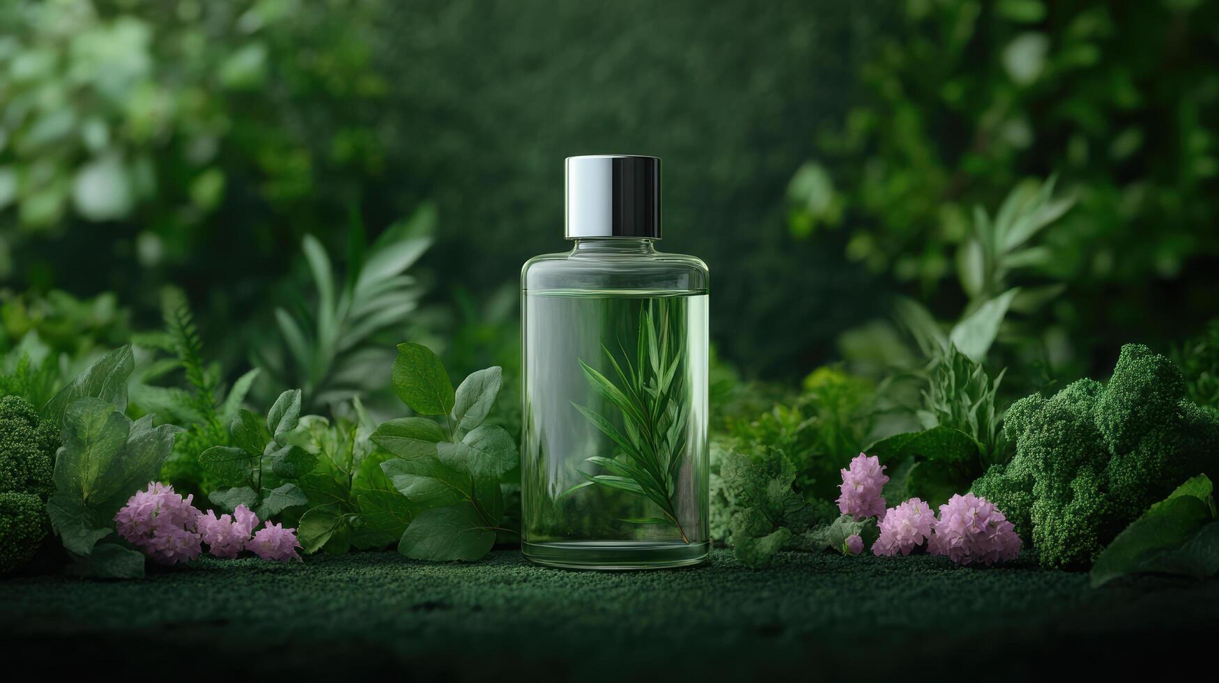 A bottle of perfume surrounded by green plants photo