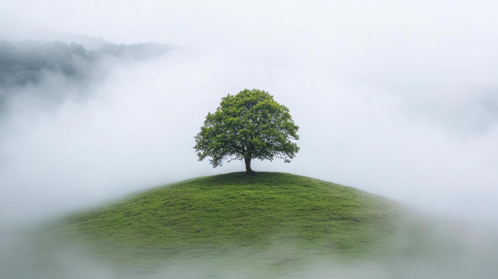 A lone tree on a hill in the fog photo