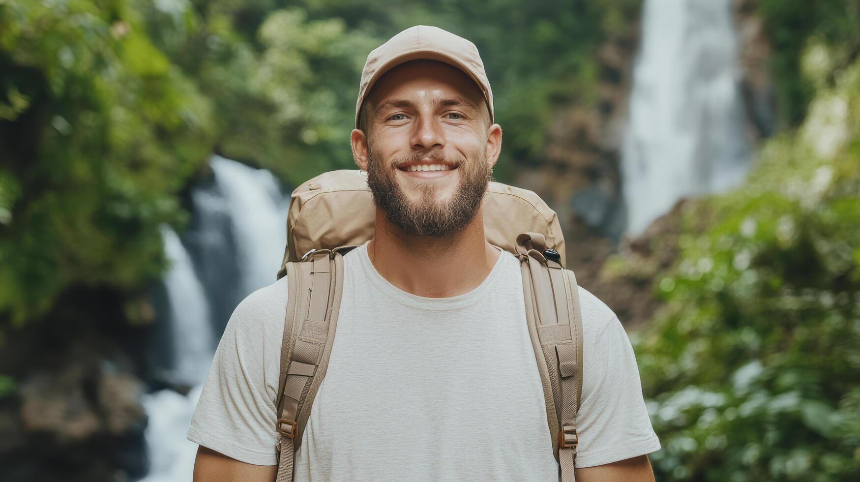 A man with a backpack standing in front of a waterfall photo