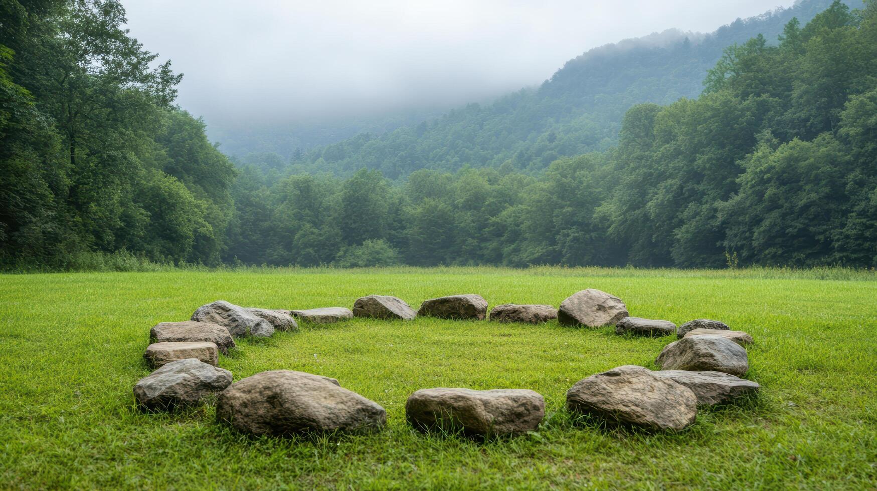 A circle of rocks in a field photo