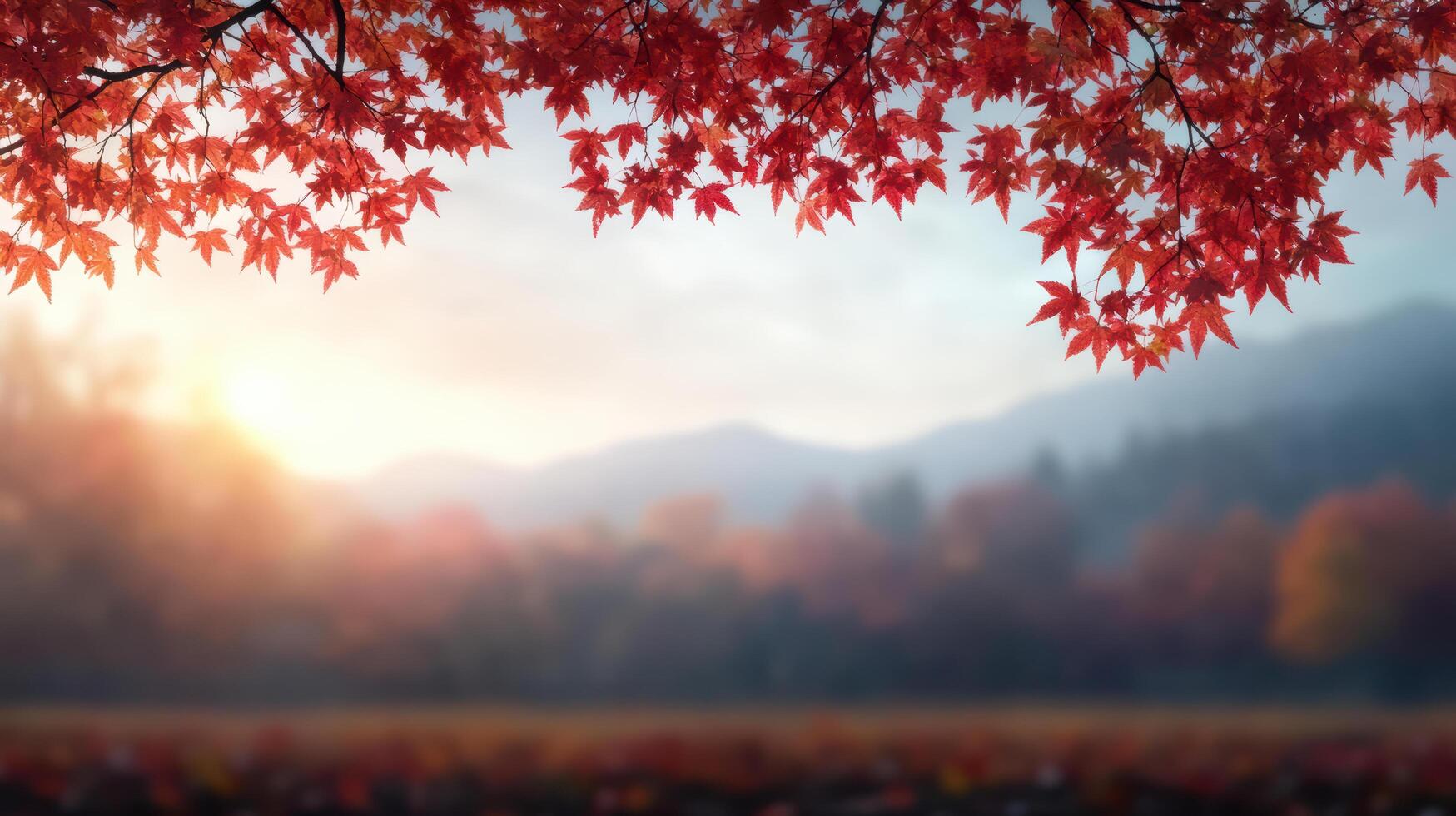 Autumn leaves on a tree in front of a mountain photo