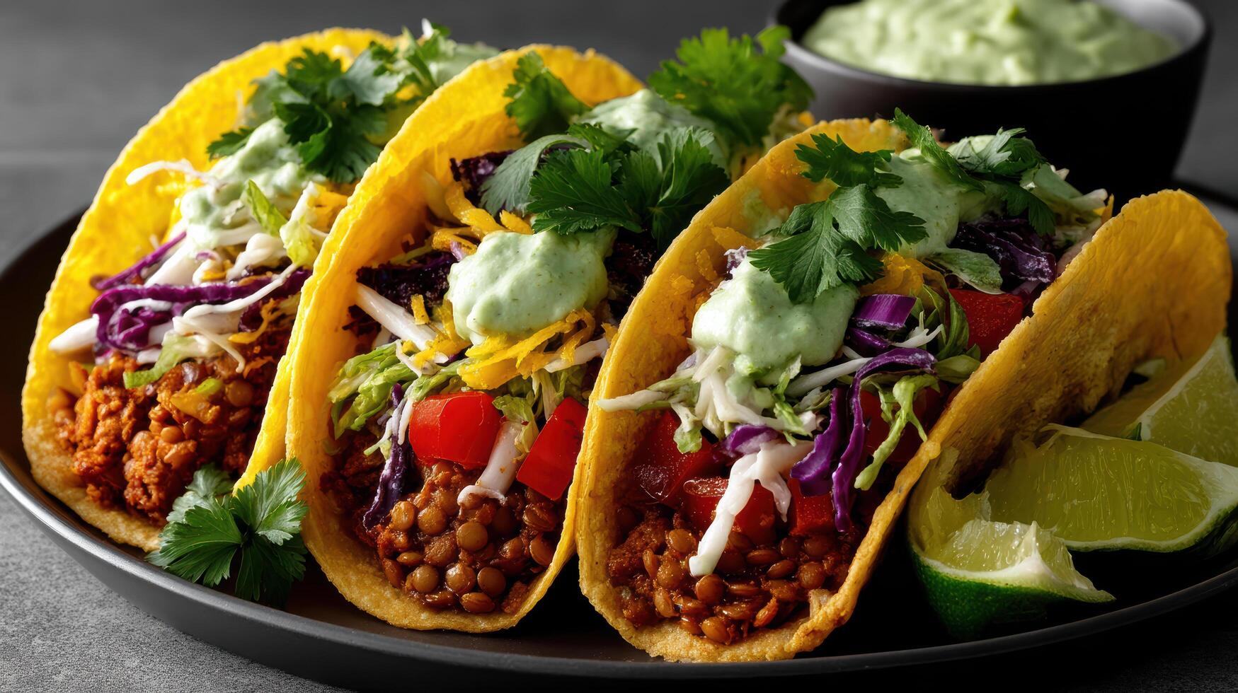 Three tacos with lettuce, cheese and sour cream photo