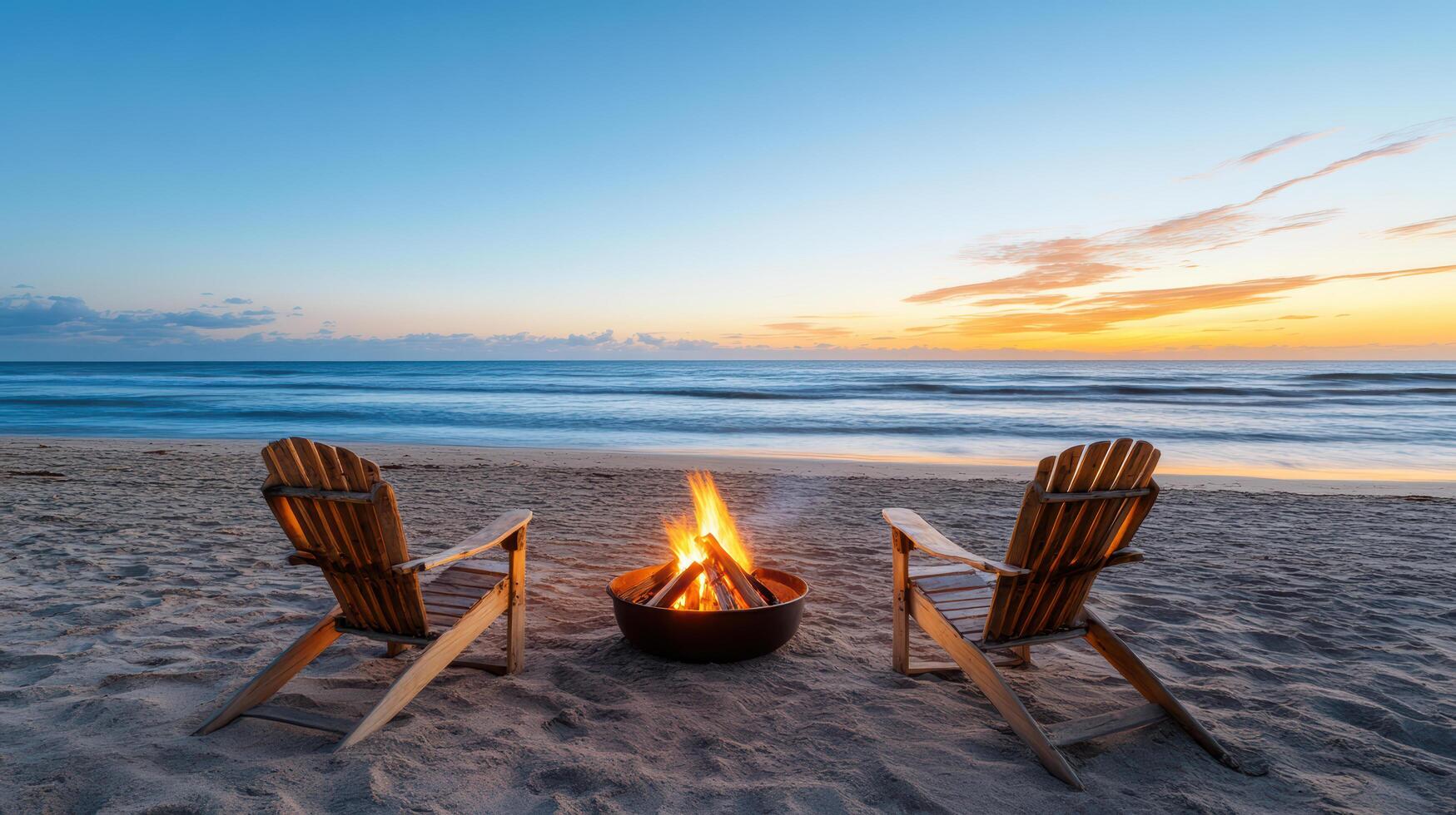Two chairs sit on the beach with a fire pit in the background photo