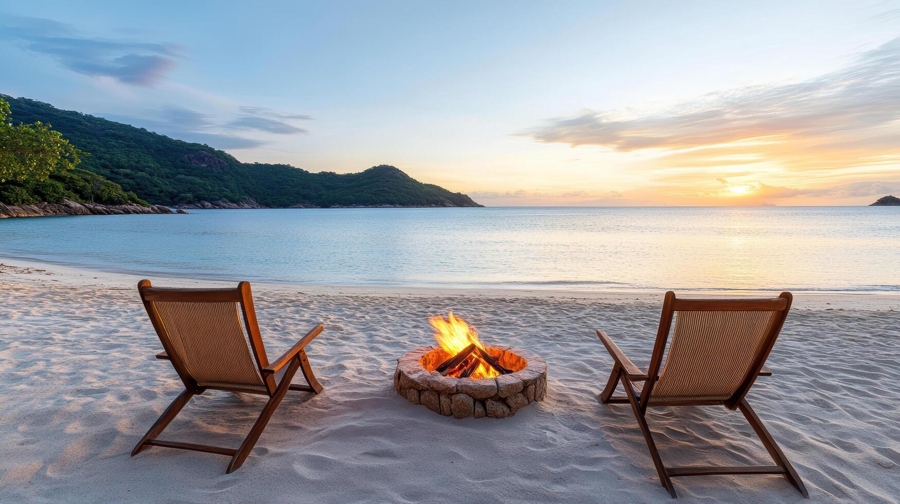 Two wooden chairs on the beach with fire pit at sunset photo