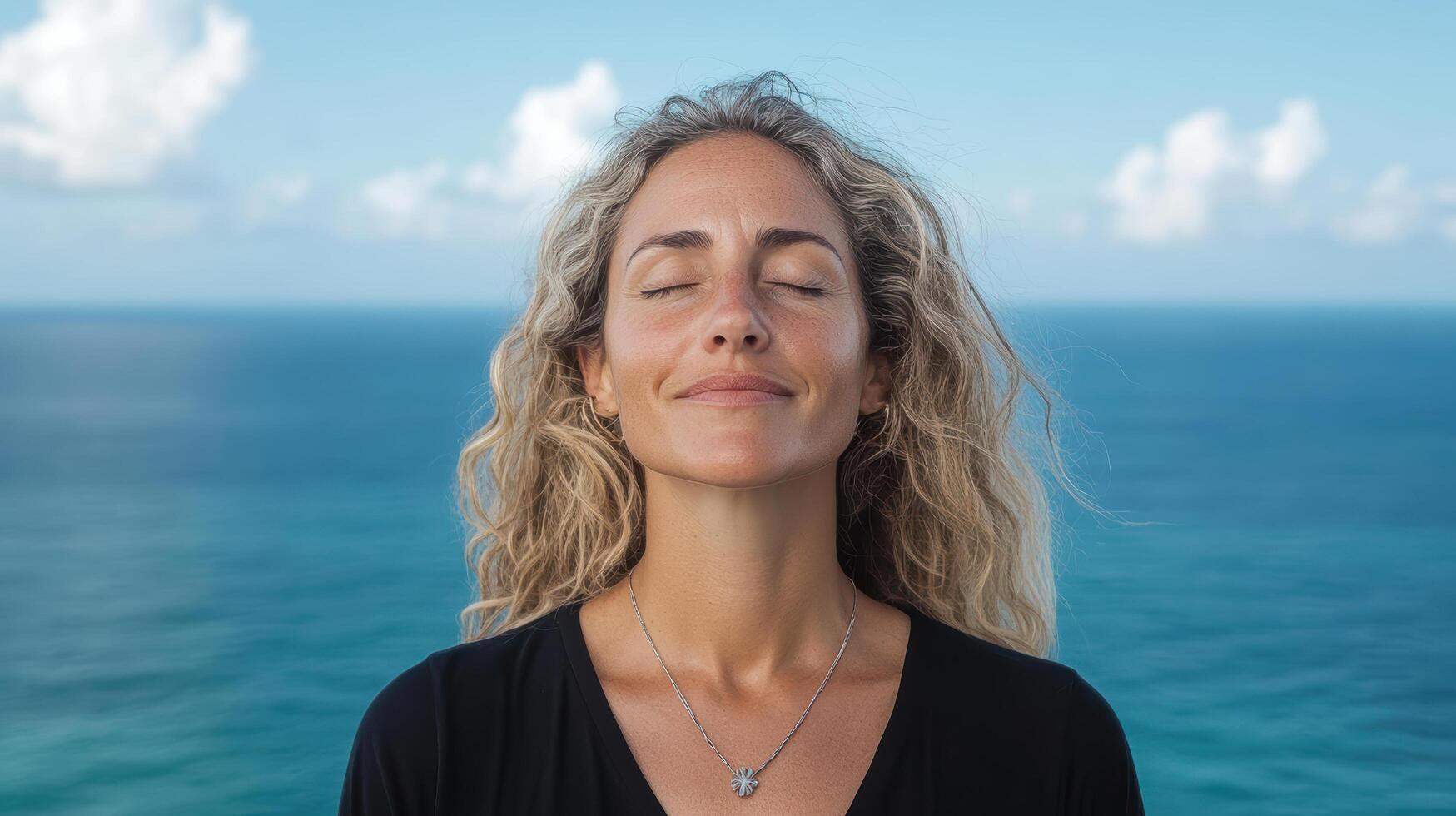 A woman with her eyes closed and her hands on her head photo