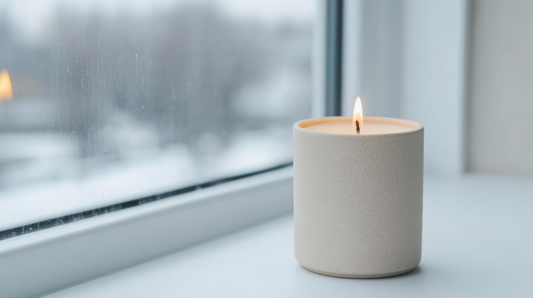 Serene candle glowing softly by window, creating peaceful atmosphere photo