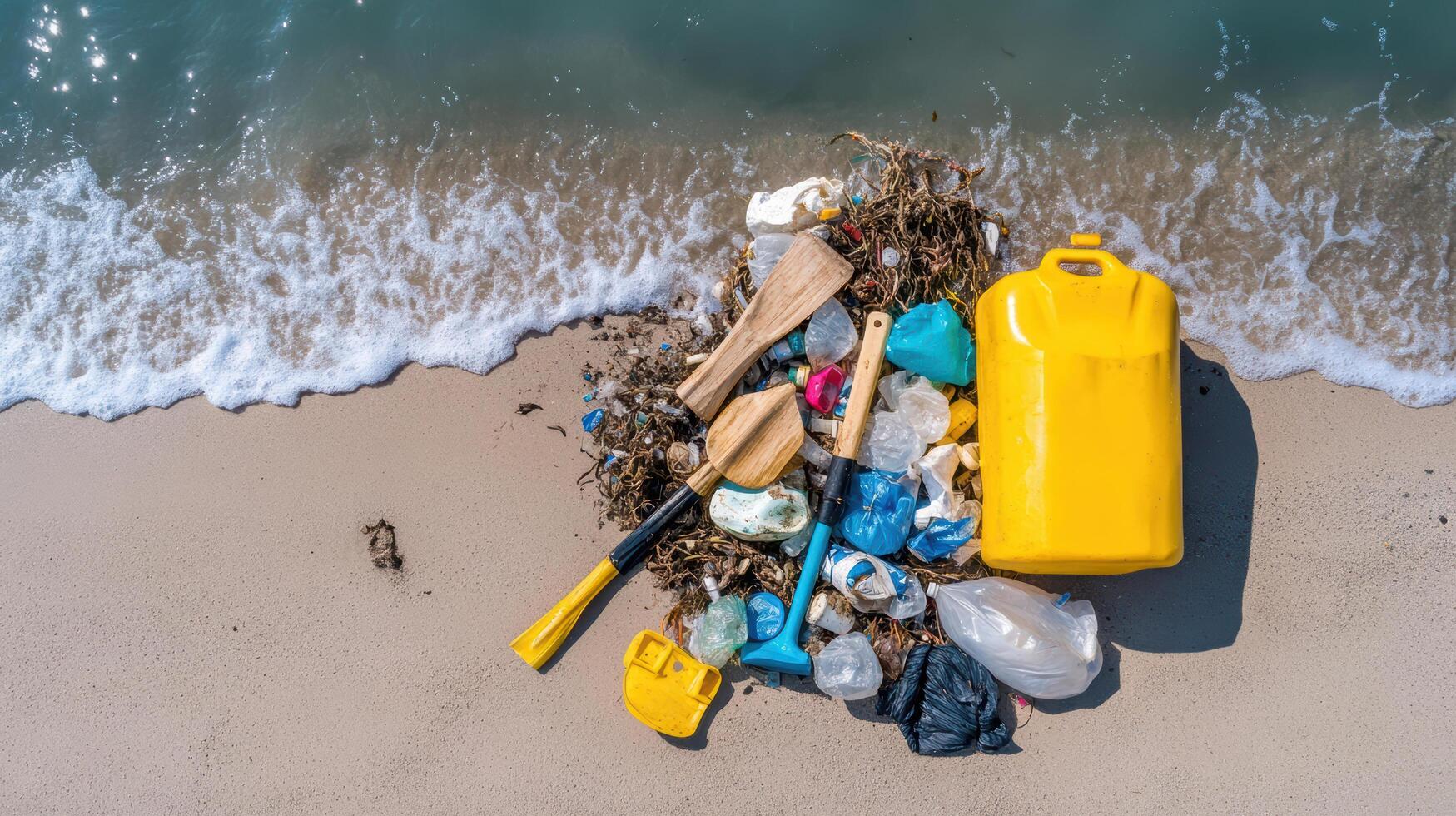 Pile of plastic debris, including paddles and containers, washed up on beach near ocean waves photo