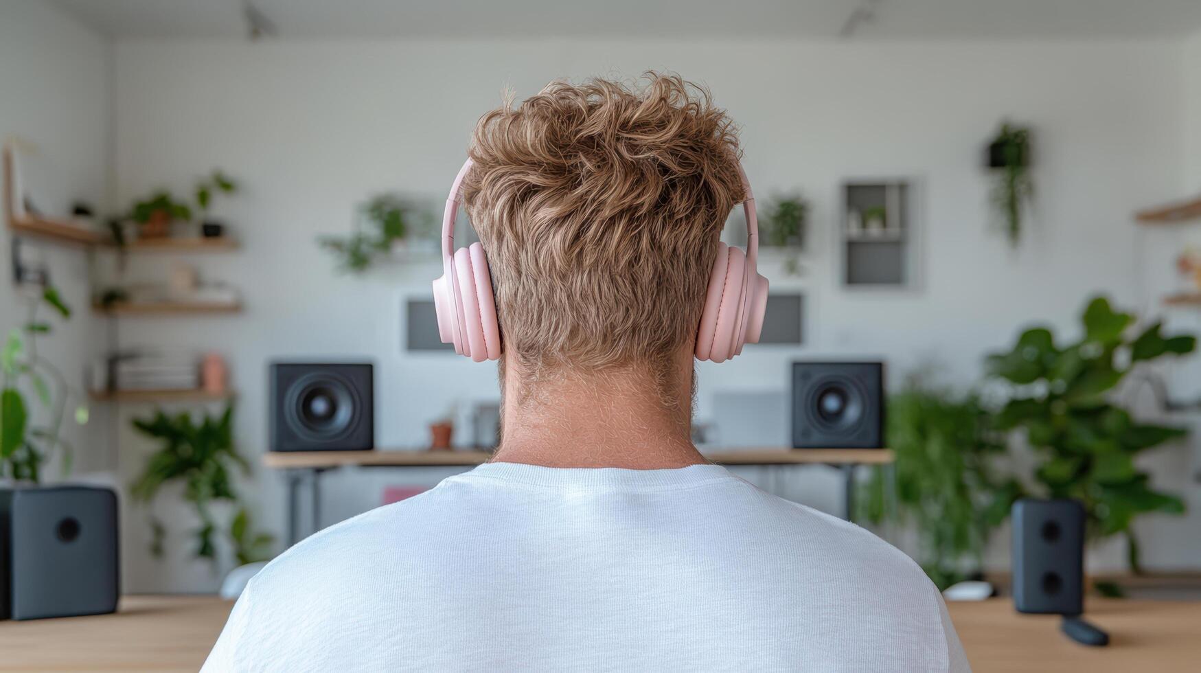 Focused individual wearing headphones in modern workspace surrounded by plants photo