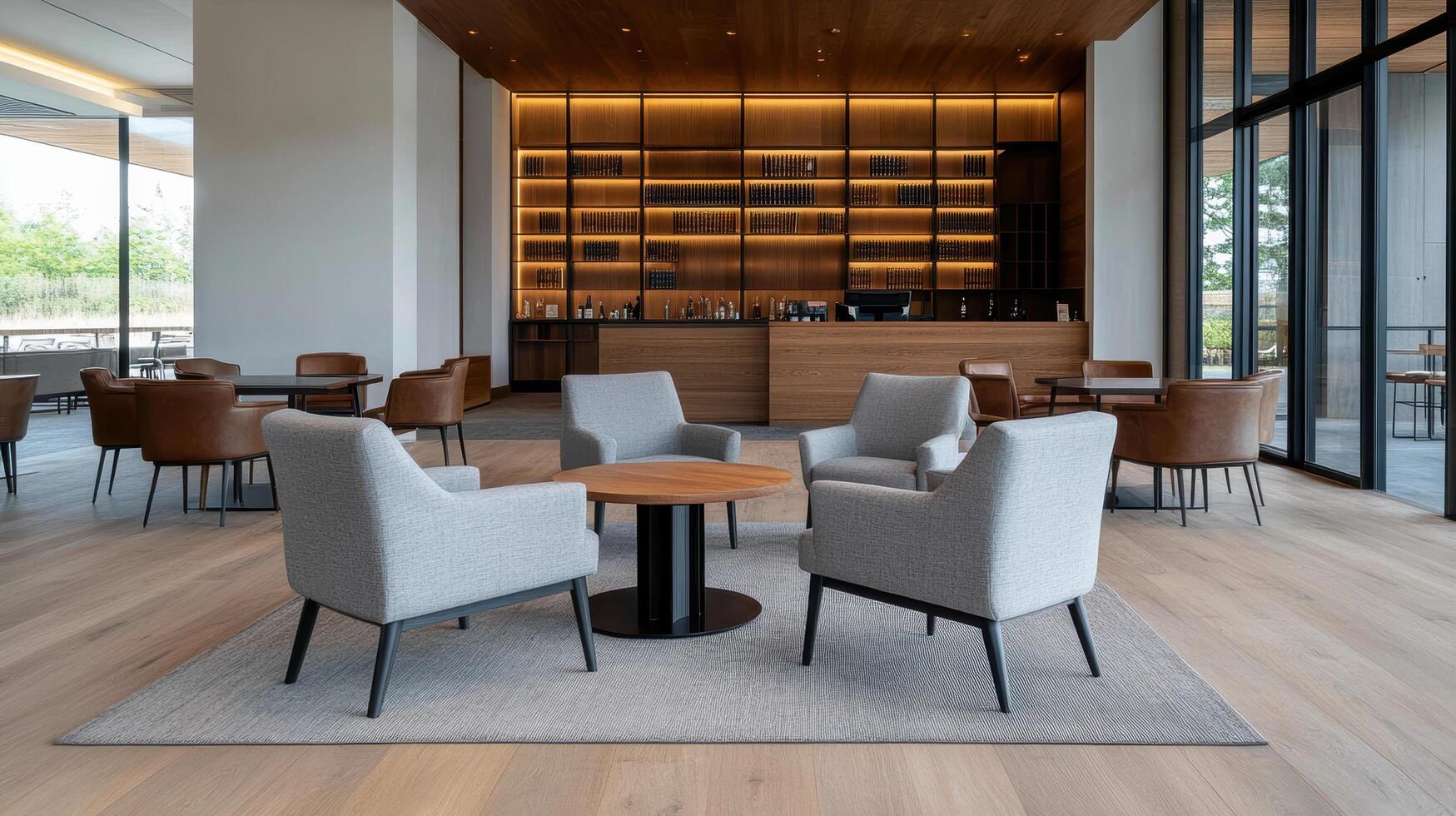 Cozy lounge area with modern furniture, warm lighting, and welcoming atmosphere photo