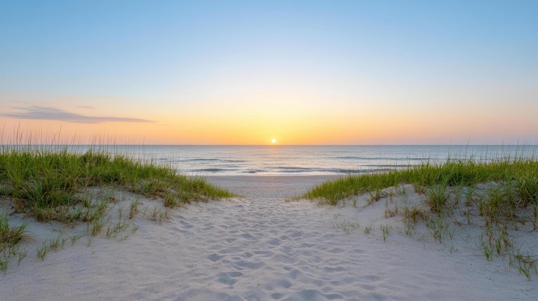 Tranquil beach scene sunrise, where soft orange meets fading blue hues, creating serene photo