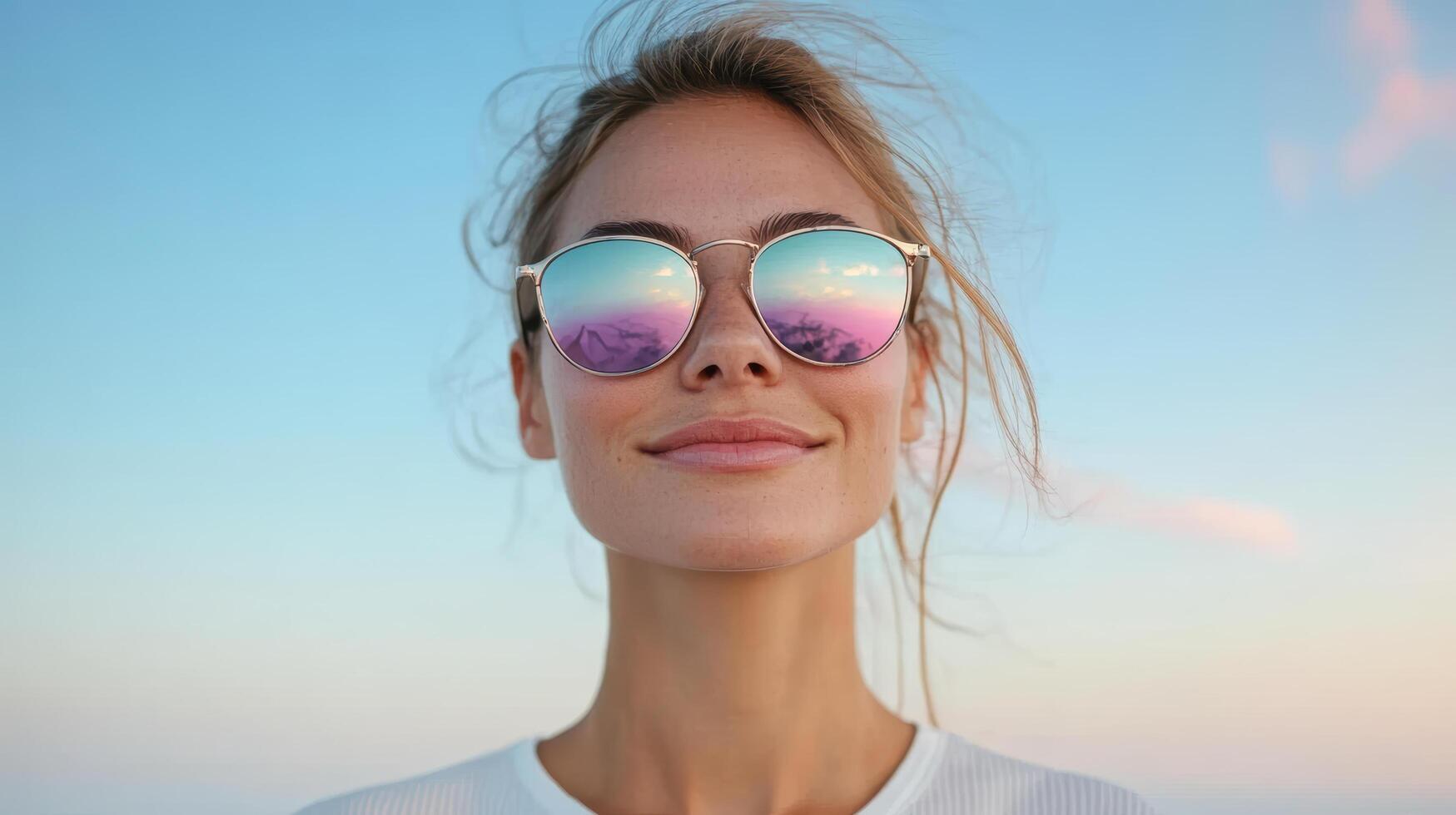 Relaxed woman wearing sunglasses with sunset reflection, enjoying serene moment outdoors photo
