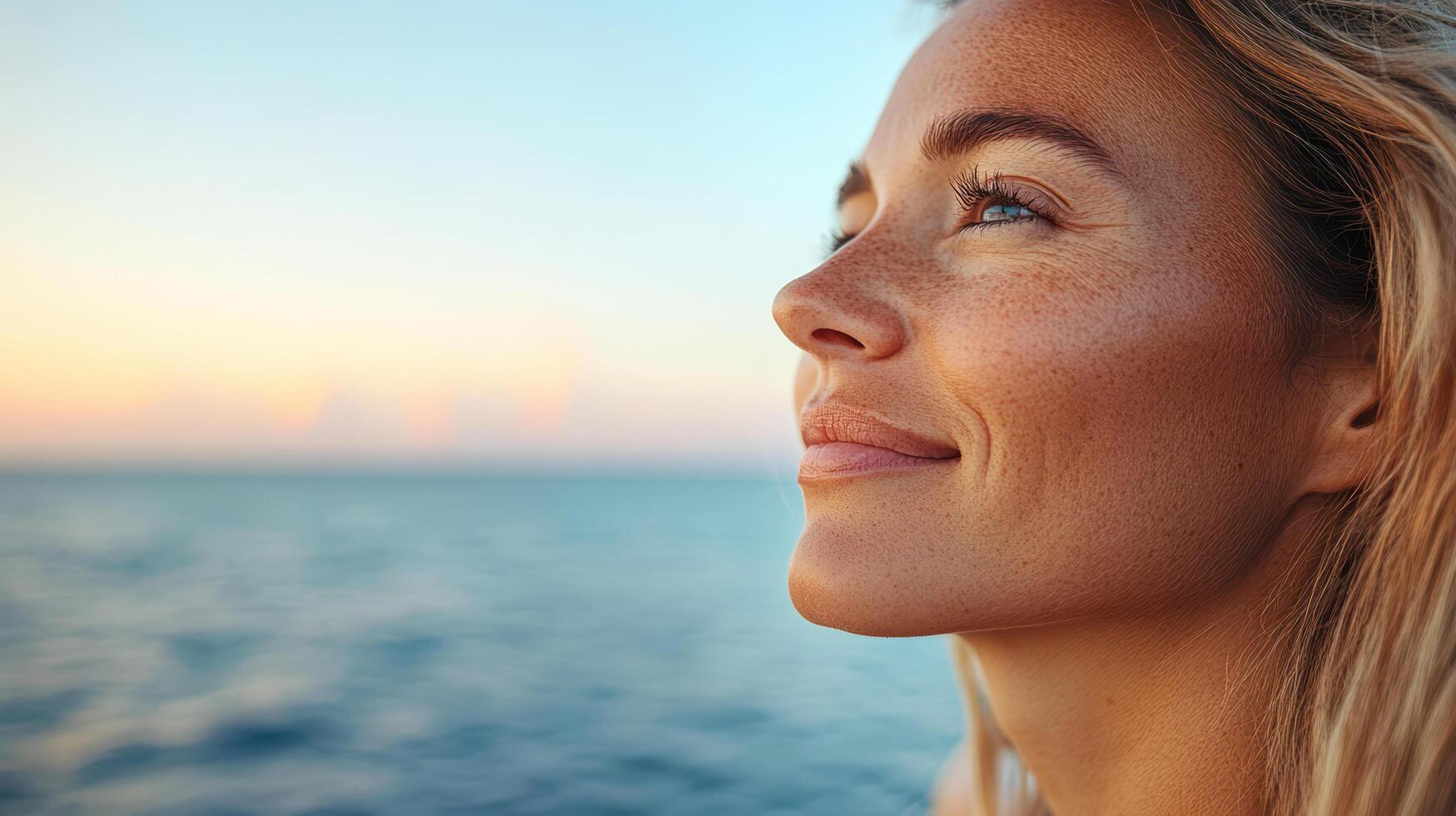 Relaxed woman enjoying sunset by sea, with serene expression and beautiful features photo