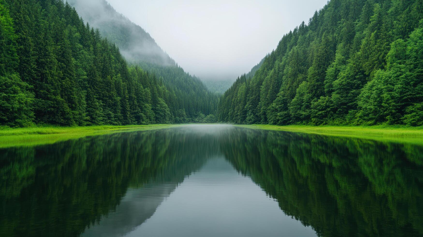 Lush forest reflections in serene lake under foggy sky create tranquil atmosphere photo