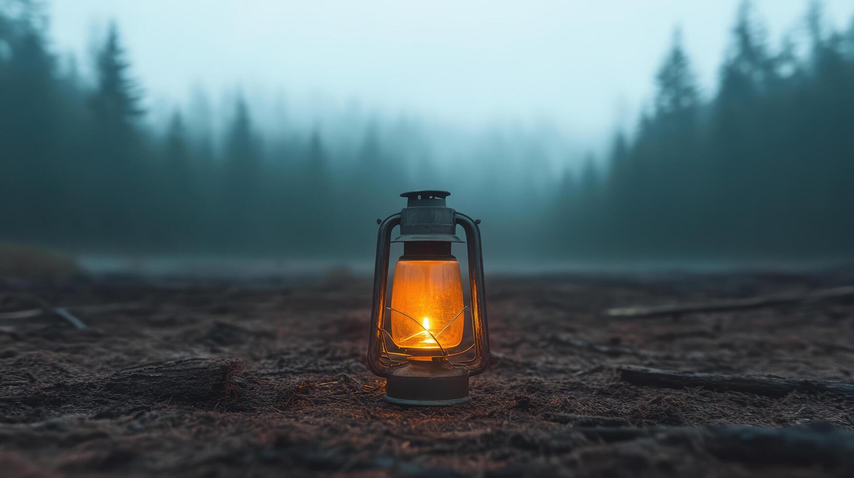 Glowing lantern illuminates misty woodland at dusk, creating serene atmosphere photo
