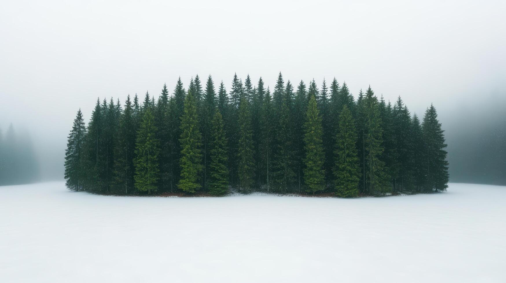 Serene forest of evergreen trees stands on snowy landscape, enveloped in mist photo