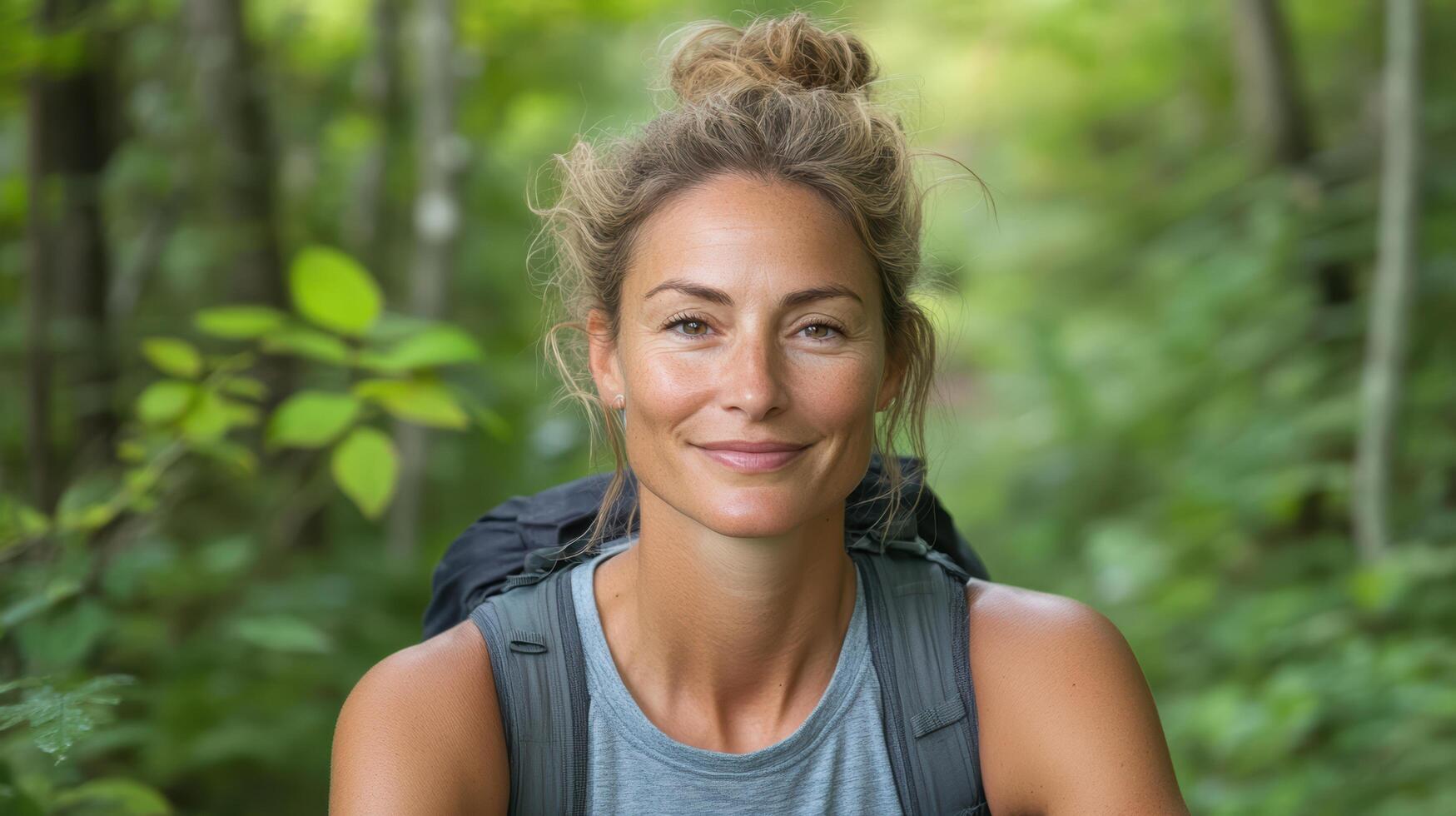 Solo female hiker smiles while pausing on forest trail surrounded by lush greenery photo