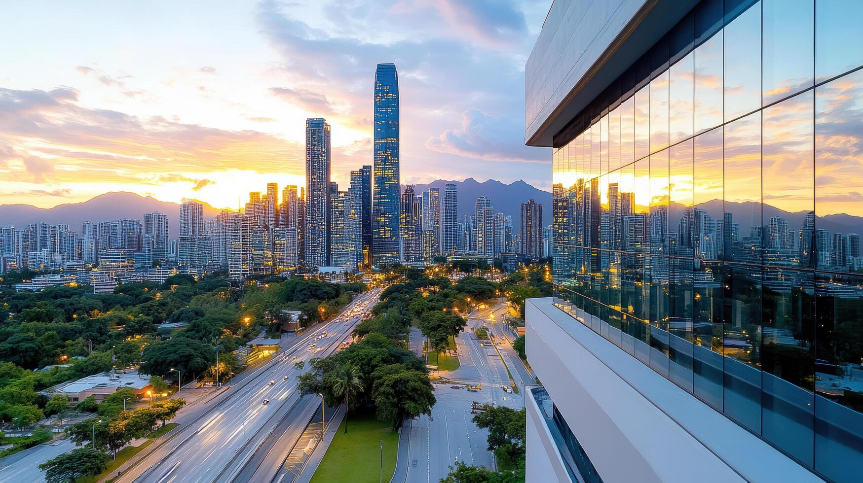 A cityscape with tall buildings and a road photo