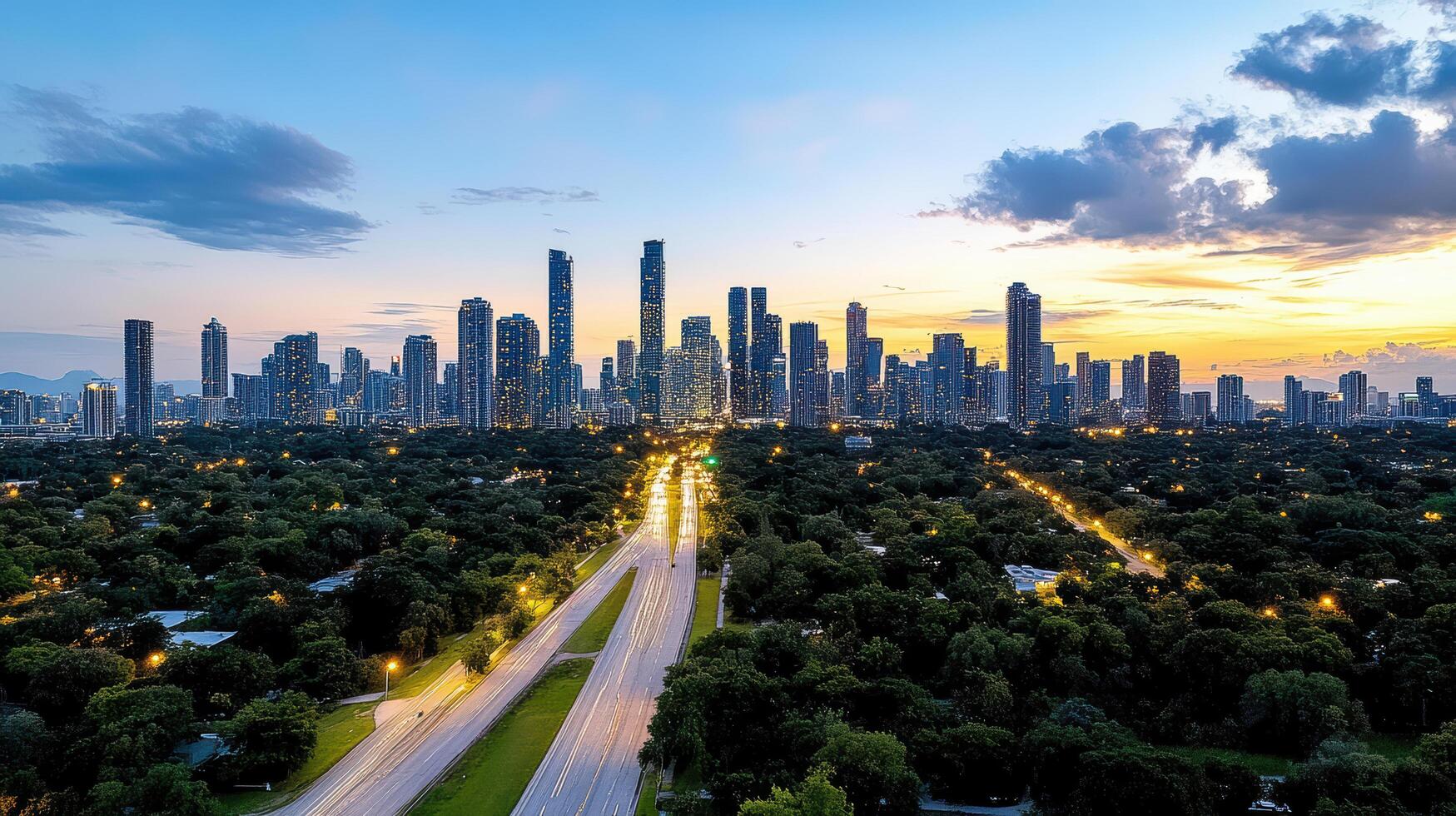 A city skyline at dusk with a highway and trees photo
