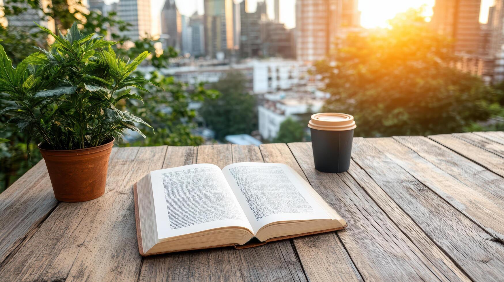 An open book and coffee on a wooden table with cityscape background photo